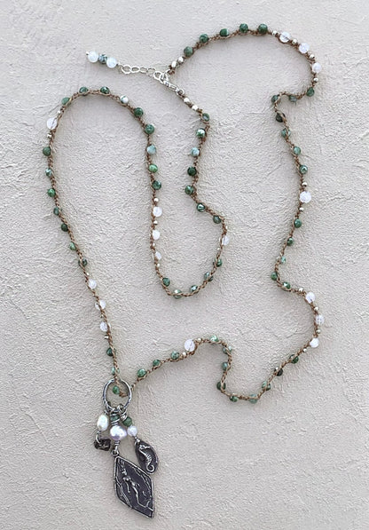 Fine Silver Casino Mermaid Pendant on Beaded Necklace Heidi Duran Inventory Moss Jasper and Moonstone
