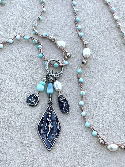 Fine Silver Casino Mermaid Pendant on Beaded Necklace Heidi Duran Inventory Round Labradorite and Pyrite