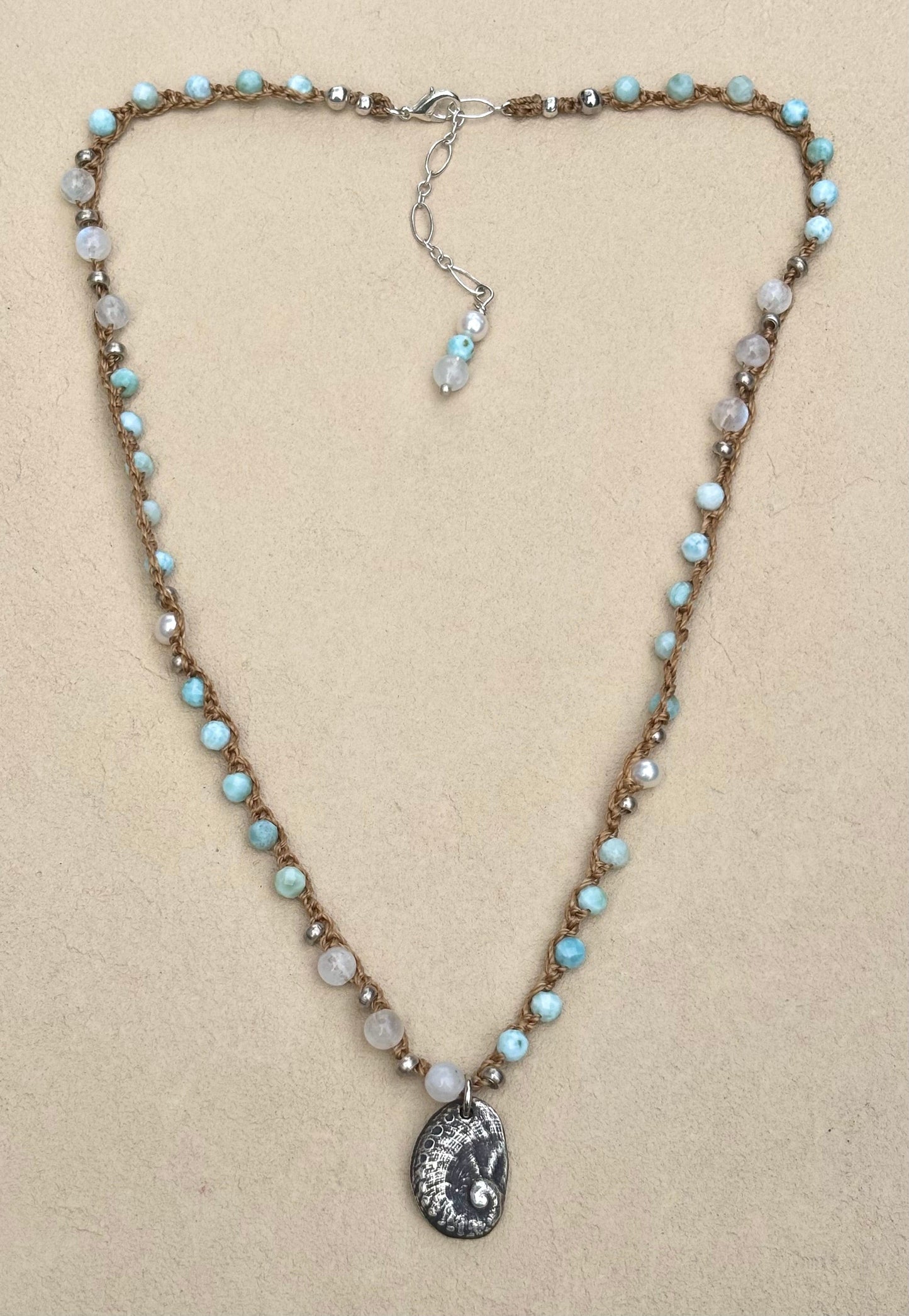 Fine Silver Charm on Woven Beaded Necklaces - Abalone Shell Heidi Duran Inventory Larimar Pearls and Moonstone (18.5"/19.5")