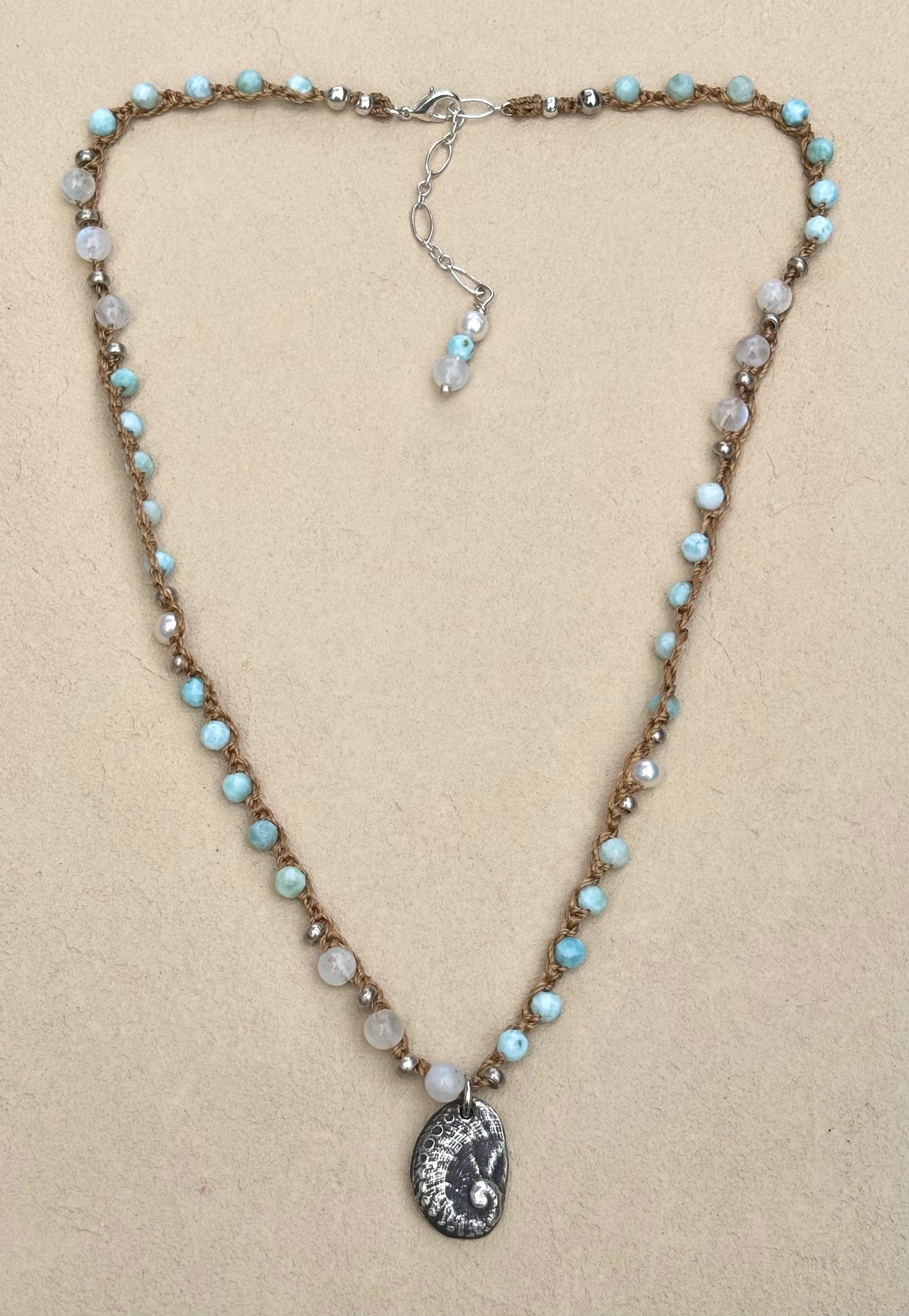 Fine Silver Charm on Woven Beaded Necklaces - Abalone Shell Heidi Duran Inventory Larimar Pearls and Moonstone (18.5"/19.5")
