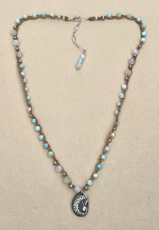 Fine Silver Charm on Woven Beaded Necklaces - Abalone Shell Heidi Duran Inventory Larimar Pearls and Moonstone (18.5"/19.5")