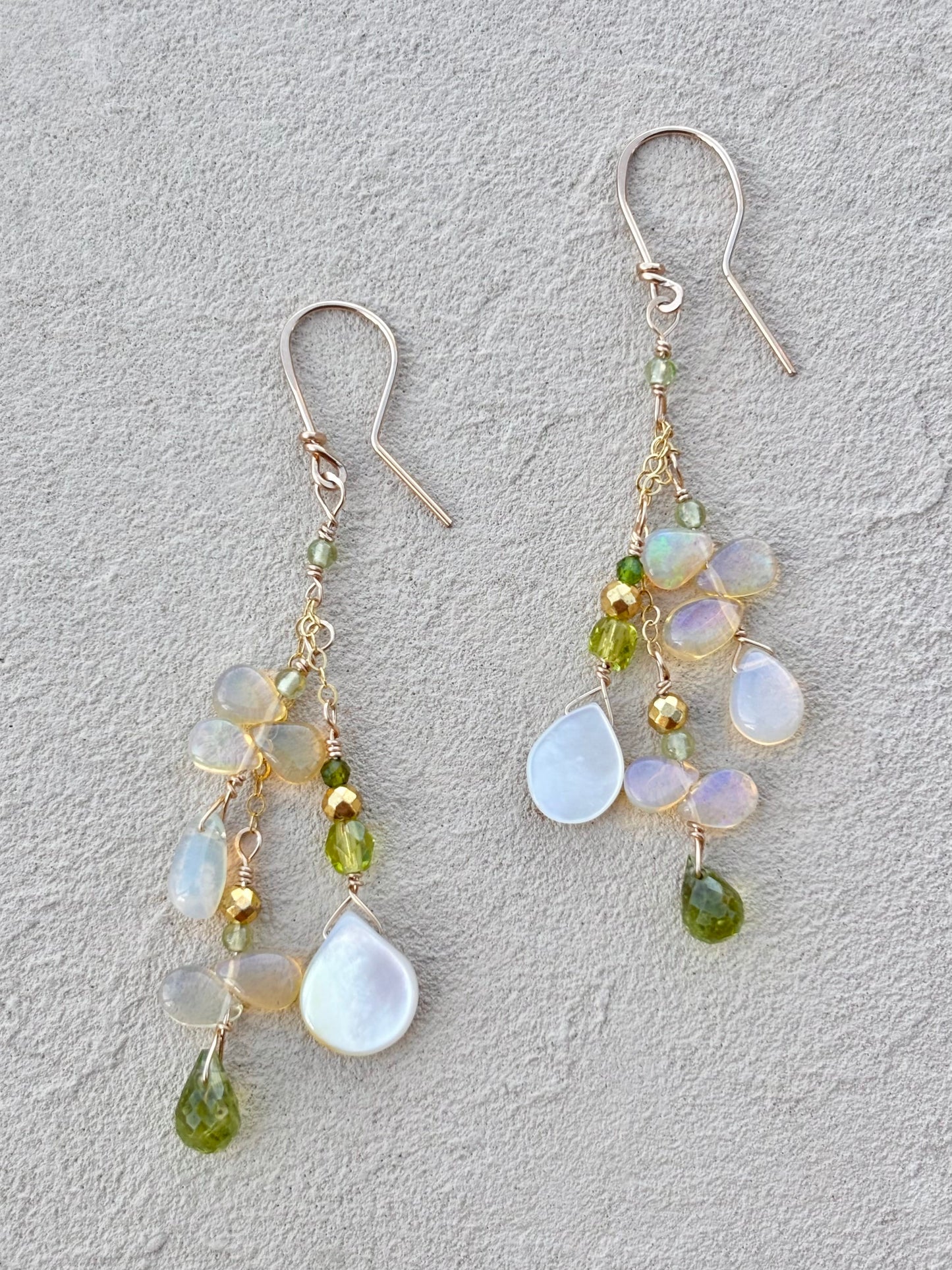 Fire Opal 14K GF Earrings Elise Peters Inventory Peridot Mother of Pearl and Opals