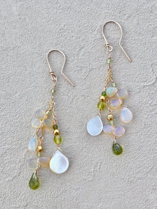Fire Opal 14K GF Earrings Elise Peters Inventory Peridot Mother of Pearl and Opals