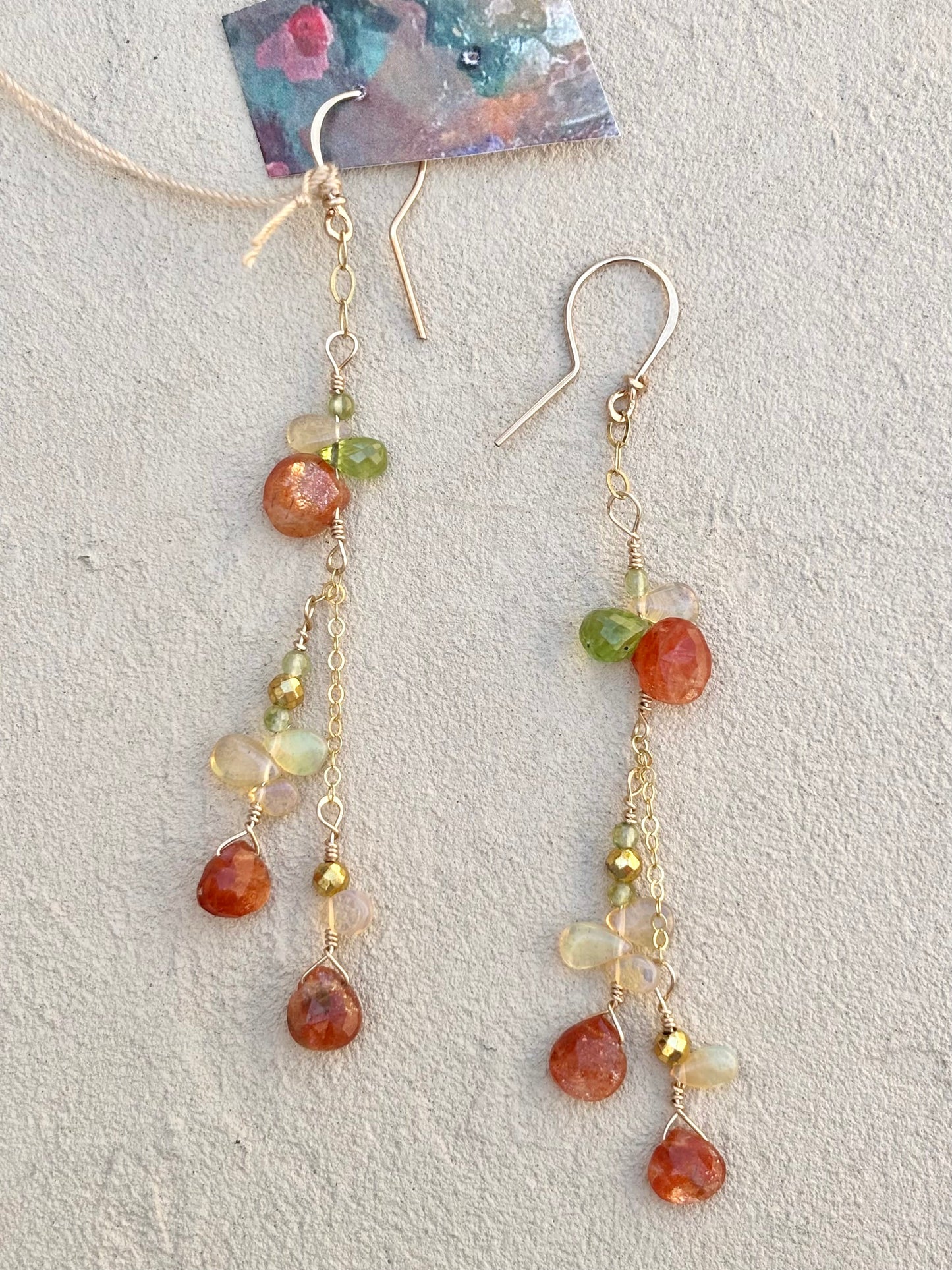 Fire Opal 14K GF Earrings Elise Peters Inventory Sunstone Peridot and Opals
