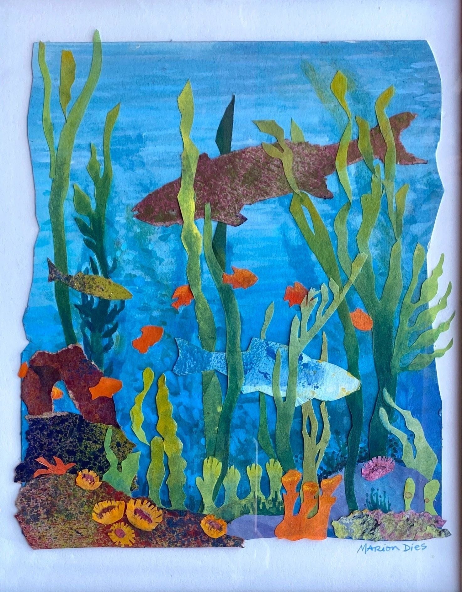 "Fish and Garibaldis" Original Collage Painting Marion Dies Consignment