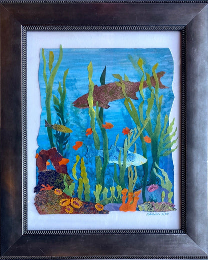 "Fish and Garibaldis" Original Collage Painting Marion Dies Consignment