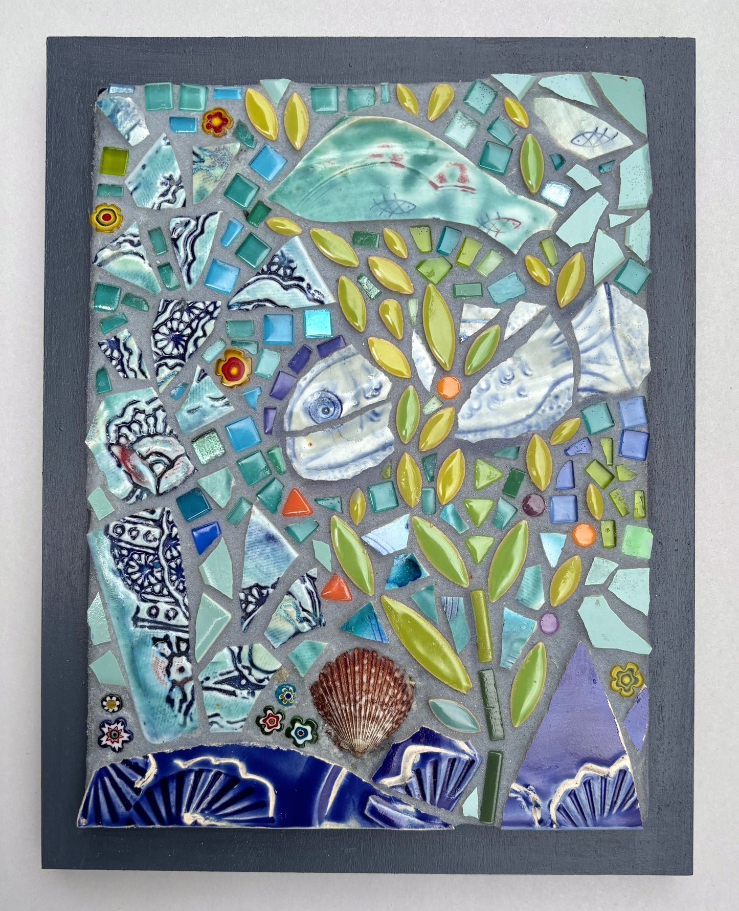Fish and Seashell Mosaic Panel - Framed Marion Dies Consignment
