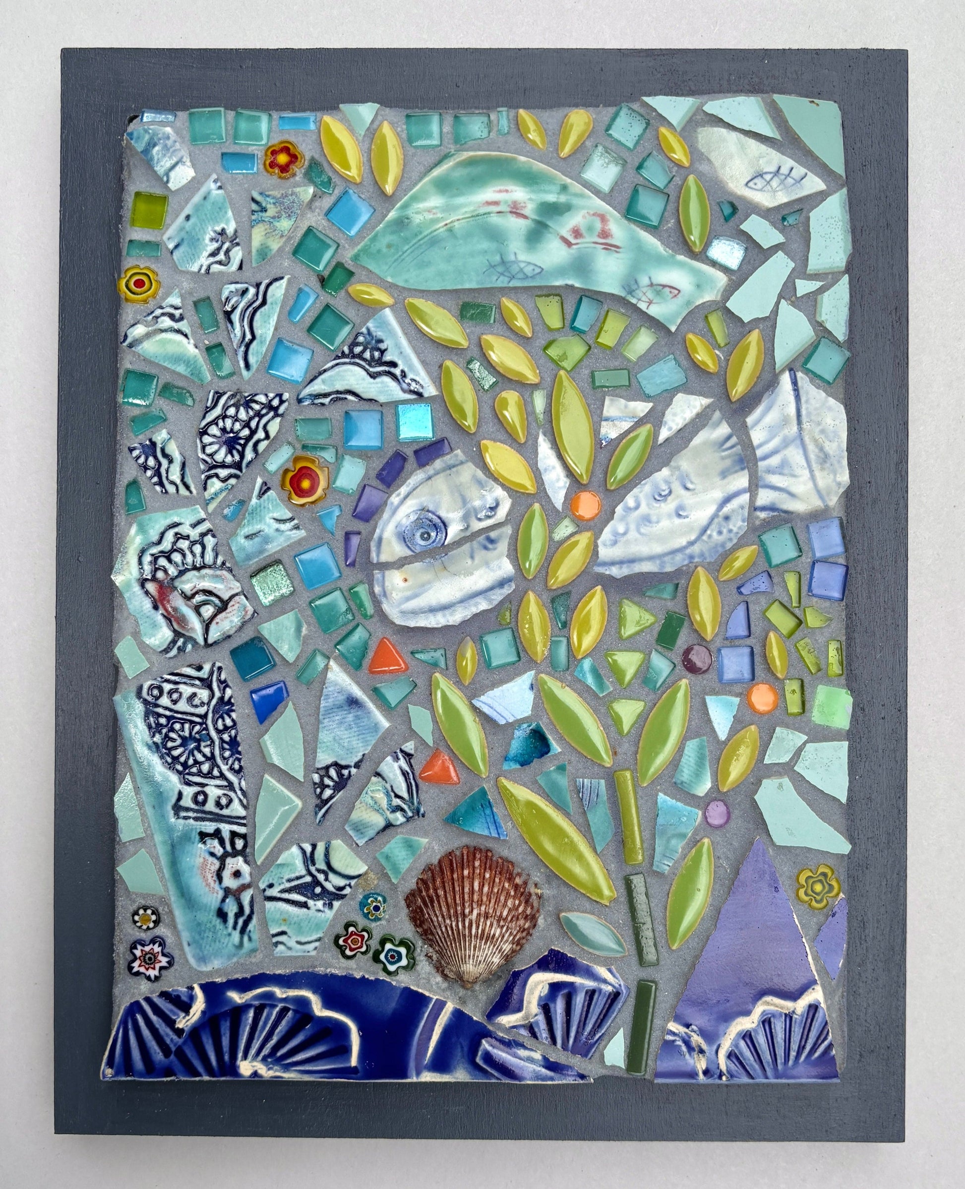 Fish and Seashell Mosaic Panel - Framed Marion Dies Consignment
