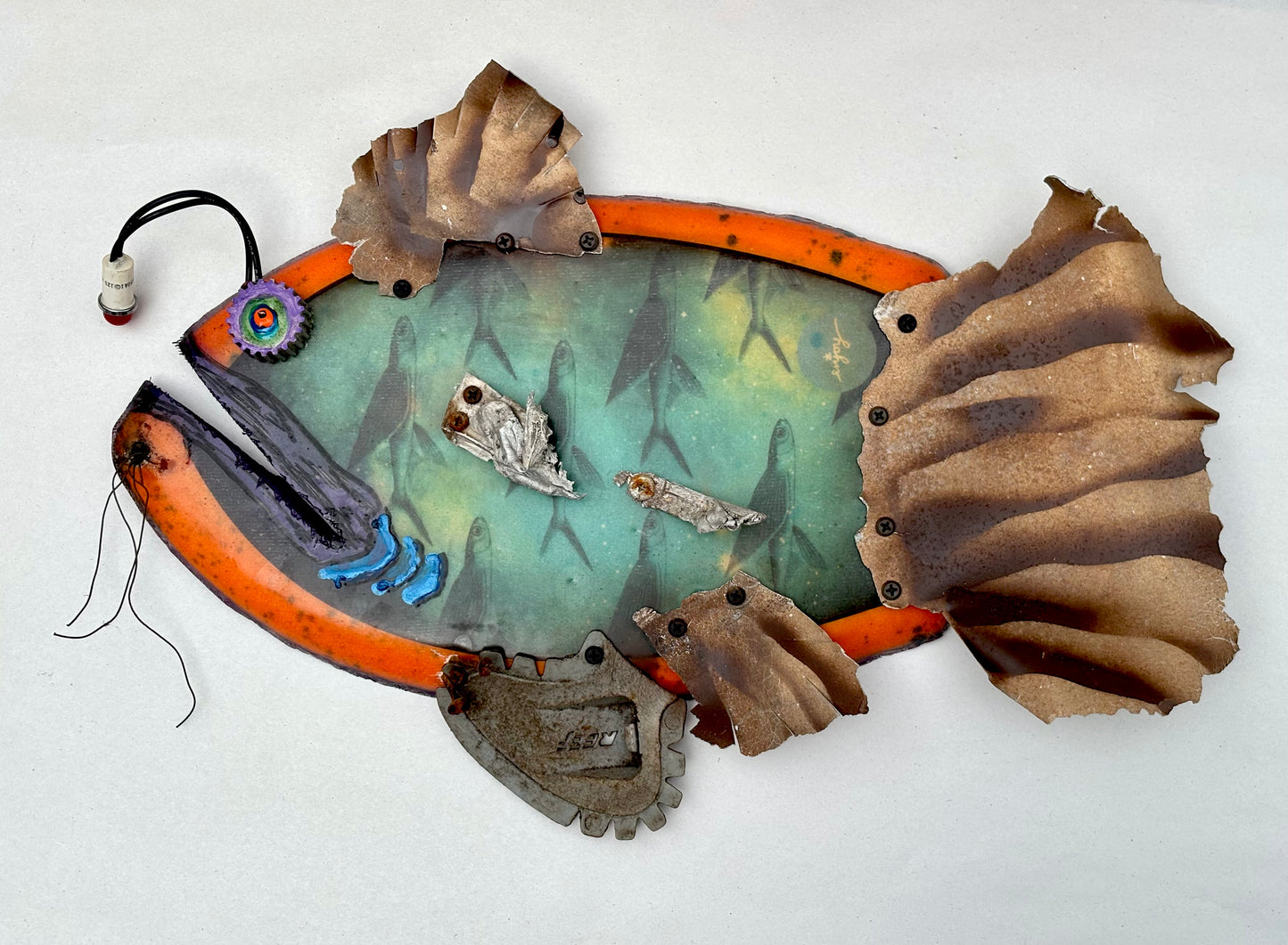 Fish Hand-Planes Upcycled/Eco-Folk Art Rodrigo Consignment Orange-Teal Fly Fish : 19" x 13" x3"