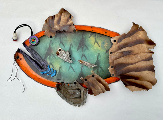 Fish Hand-Planes Upcycled/Eco-Folk Art Rodrigo Consignment Orange-Teal Fly Fish : 19" x 13" x3"