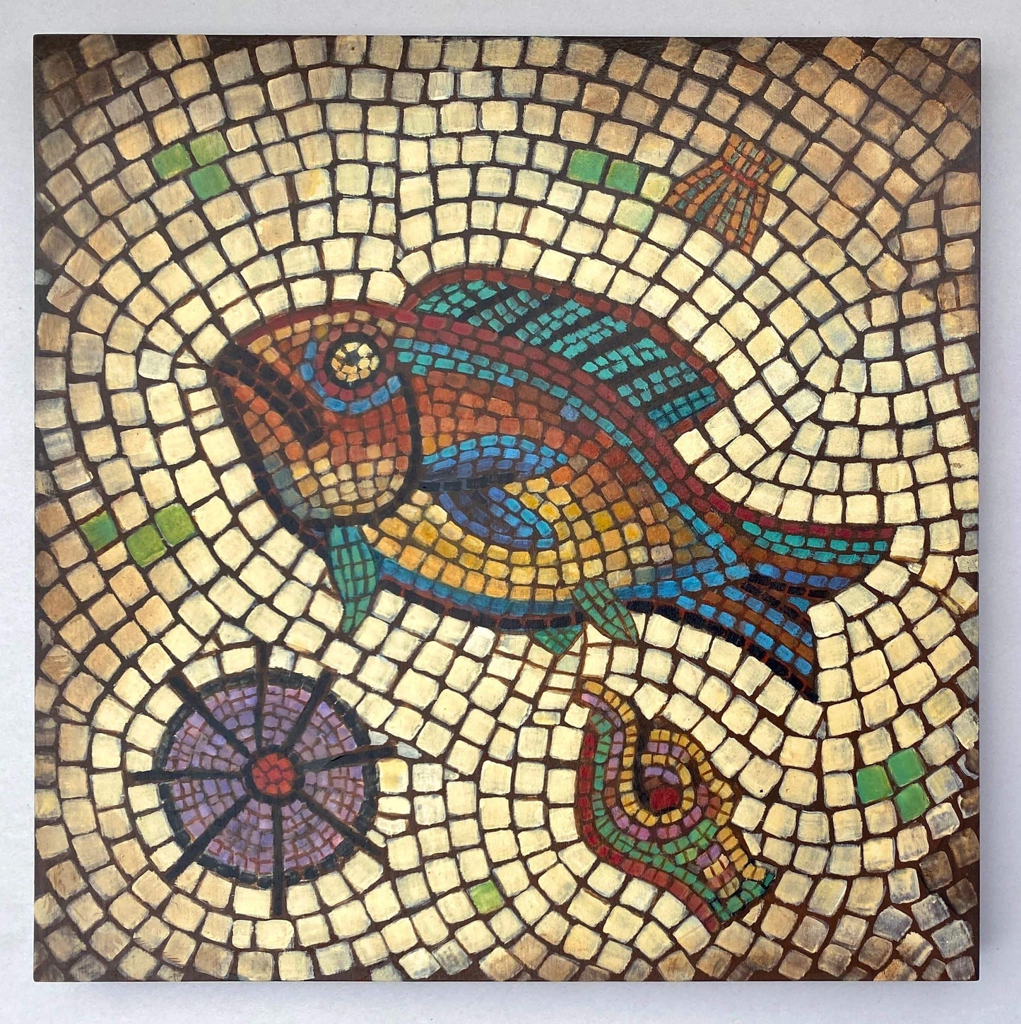 "Fish Mosaics" Original Paintings on Wooden Panels Roman Inspired Mosaic Marion Dies Consignment "Fish Mosaic with Captains Wheel"