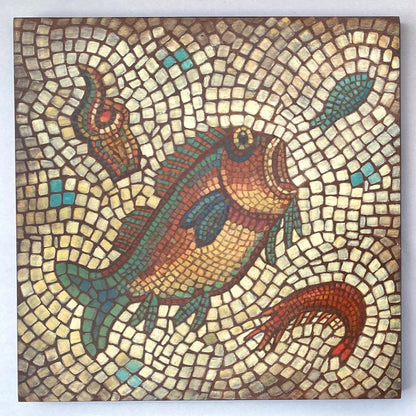 "Fish Mosaics" Original Paintings on Wooden Panels Roman Inspired Mosaic Marion Dies Consignment "Fish Mosaic with Shrimp"