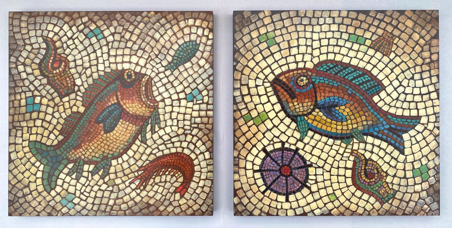 "Fish Mosaics" Original Paintings on Wooden Panels Roman Inspired Mosaic Marion Dies Consignment "Fish Mosaic with Shrimp" + "Fish Mosaic with Captains Wheel" ( 2 Panel SET)