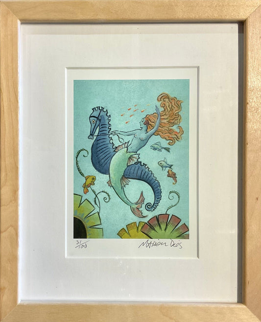 Framed Mermaid Giclee Print (4 piece series) Marion Dies Consignment "Mermaid Riding Seahorse"