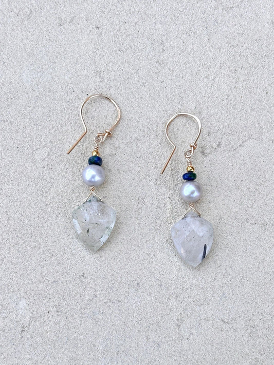 Fresh Water Pearls with Semi-Precious Stone Earrings Elise Peters Consignment 1 7/8" Azurite, Rutilated Quartz  and Fresh Water Pearls