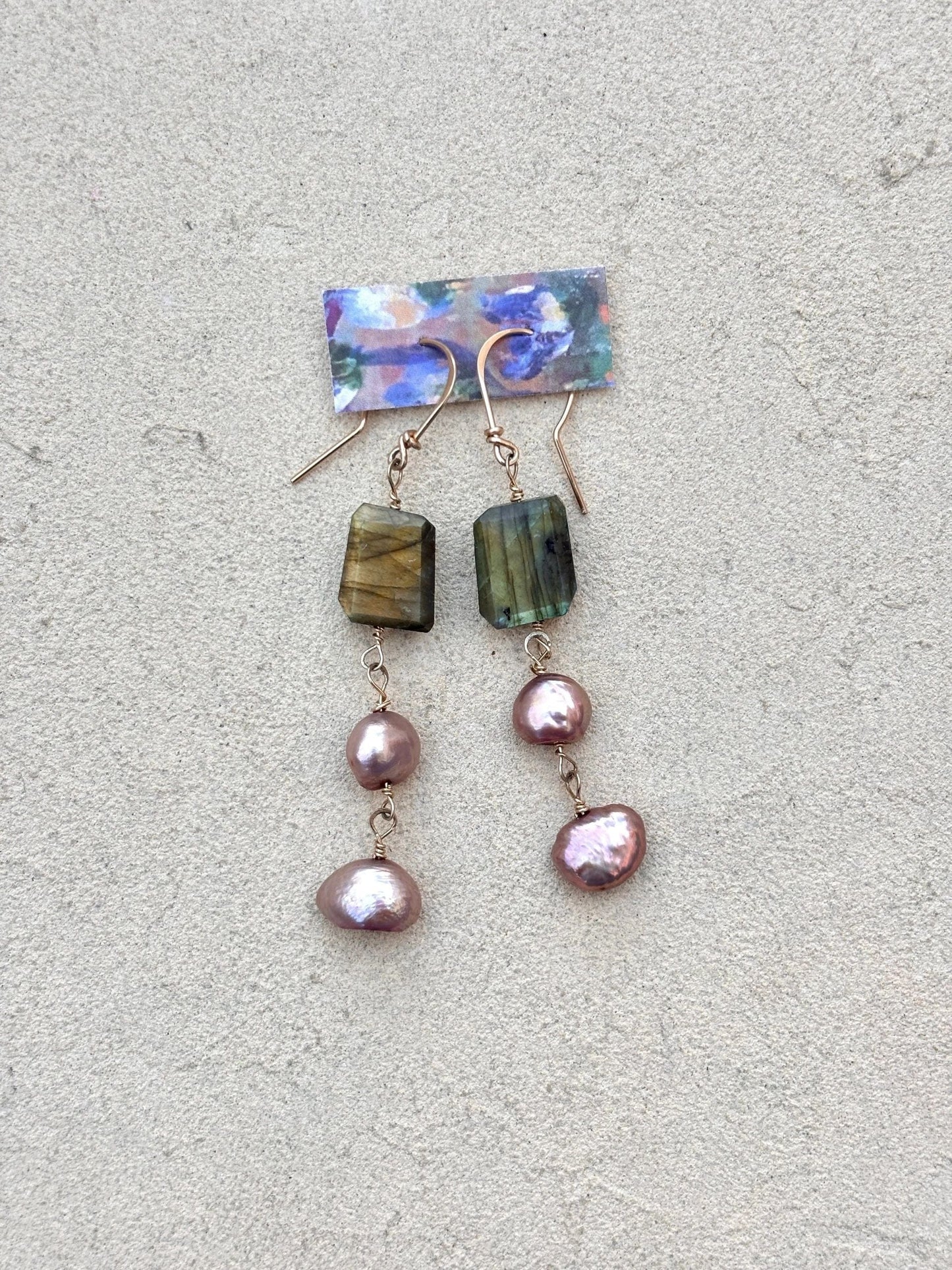 Fresh Water Pearls with Semi-Precious Stone Earrings Elise Peters Consignment 2 3/8" Labradorite and  and Blush Pink Fresh Water Pearls