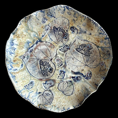 Frog and Fish Pond Large Porcelain Bowl Juls Inventory 12.5" X 3" (Ash Glaze)