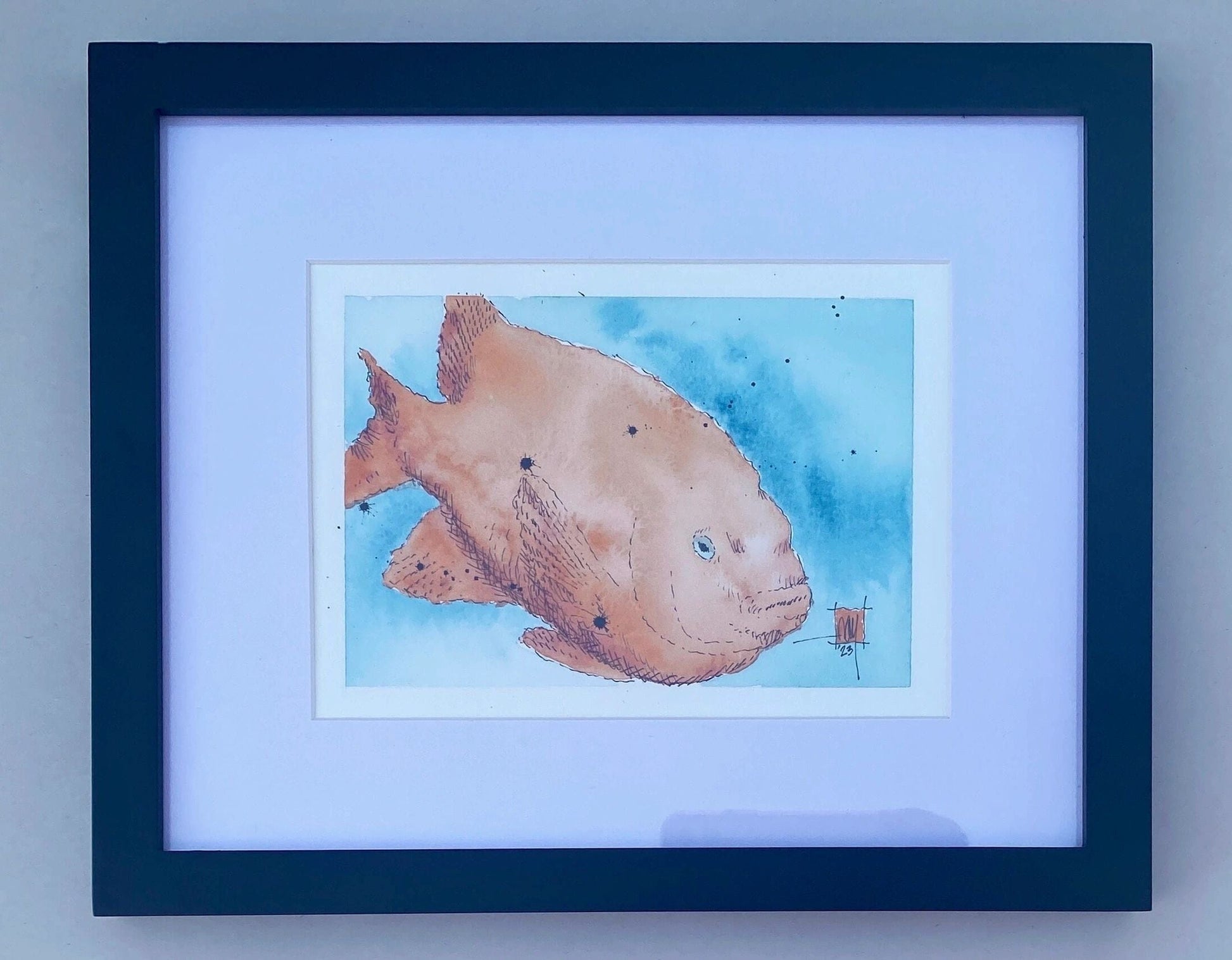"Garibaldis" Original Watercolor and Ink Painting Ray Hart Consignment "Garibaldi 1 Blue  Background" facing right : 9" x 11"