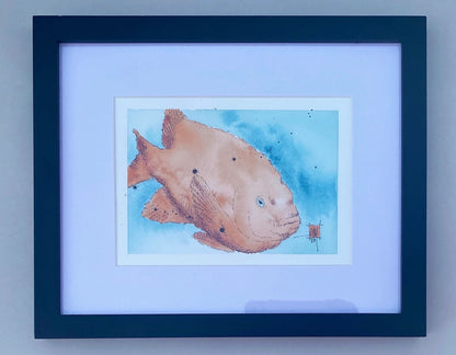 "Garibaldis" Original Watercolor and Ink Painting Ray Hart Consignment "Garibaldi 1 Blue  Background" facing right : 9" x 11"