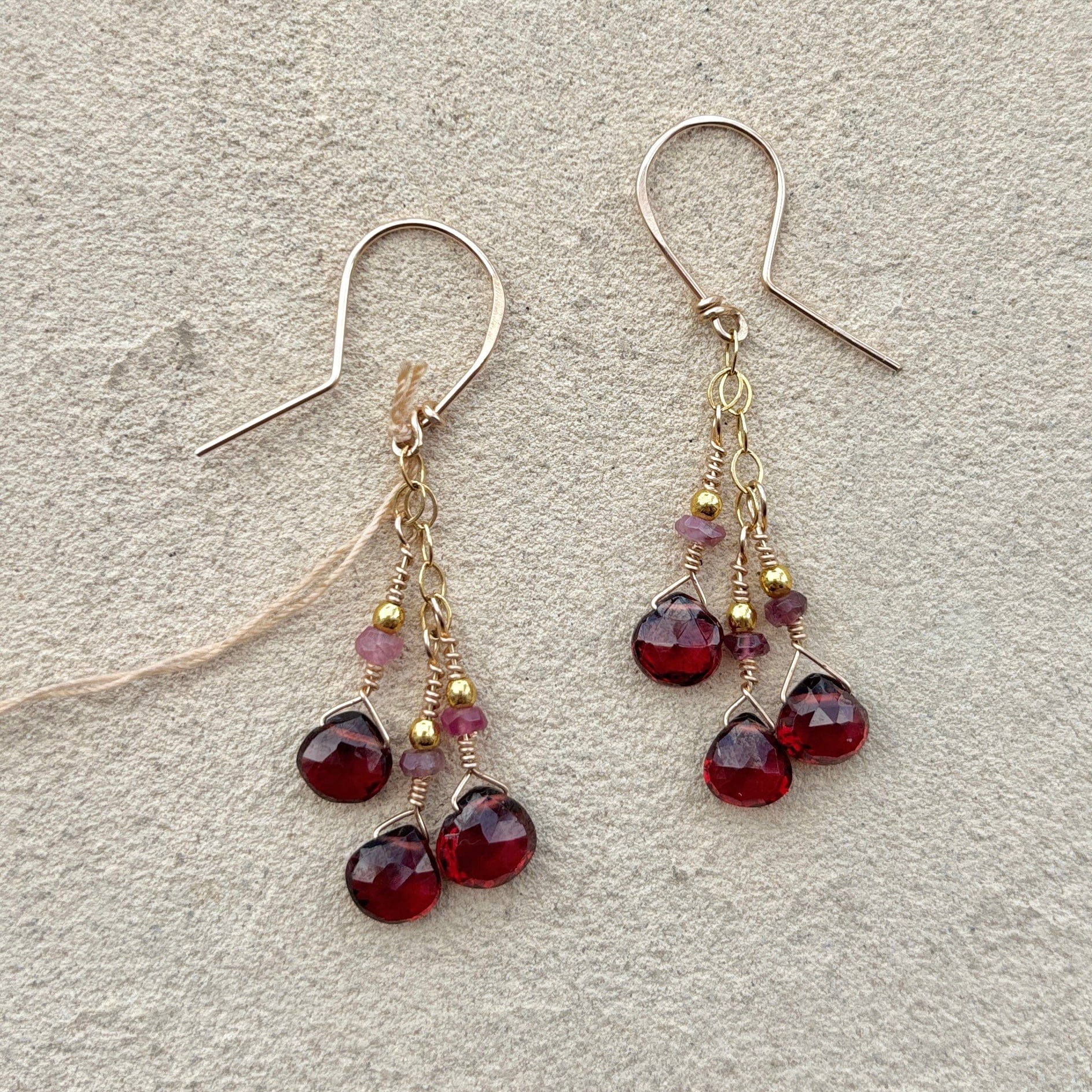 Garnet & Sapphire Precious Stone Earrings Elise Peters Inventory 1.75" Faceted Garnets and Amethyst
