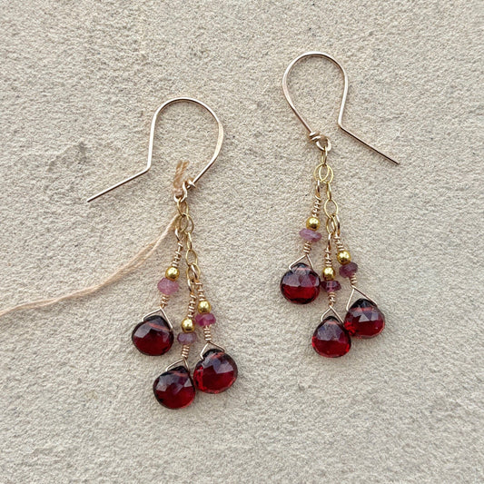 Garnet & Sapphire Precious Stone Earrings Elise Peters Inventory 1.75" Faceted Garnets and Amethyst