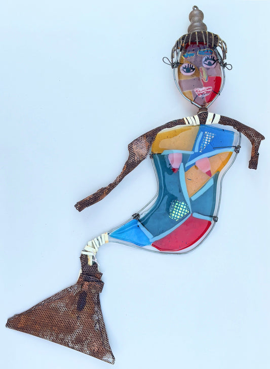 "Geometric Seated Mermaid " Fused Glass Sculpture Wired Glass Inventory