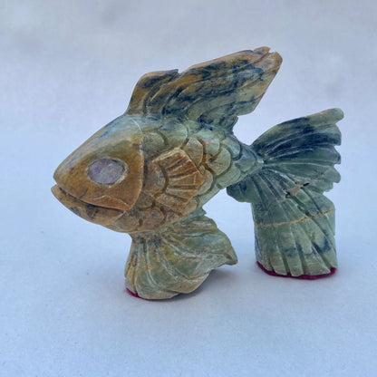 Hand Carved Soapstone/Serpentine Koi Fish Sculptures BUCK LOPEZ Consignment Small with Almond Shaped Abalone Eye : 5" x 4.24" x 1.75"