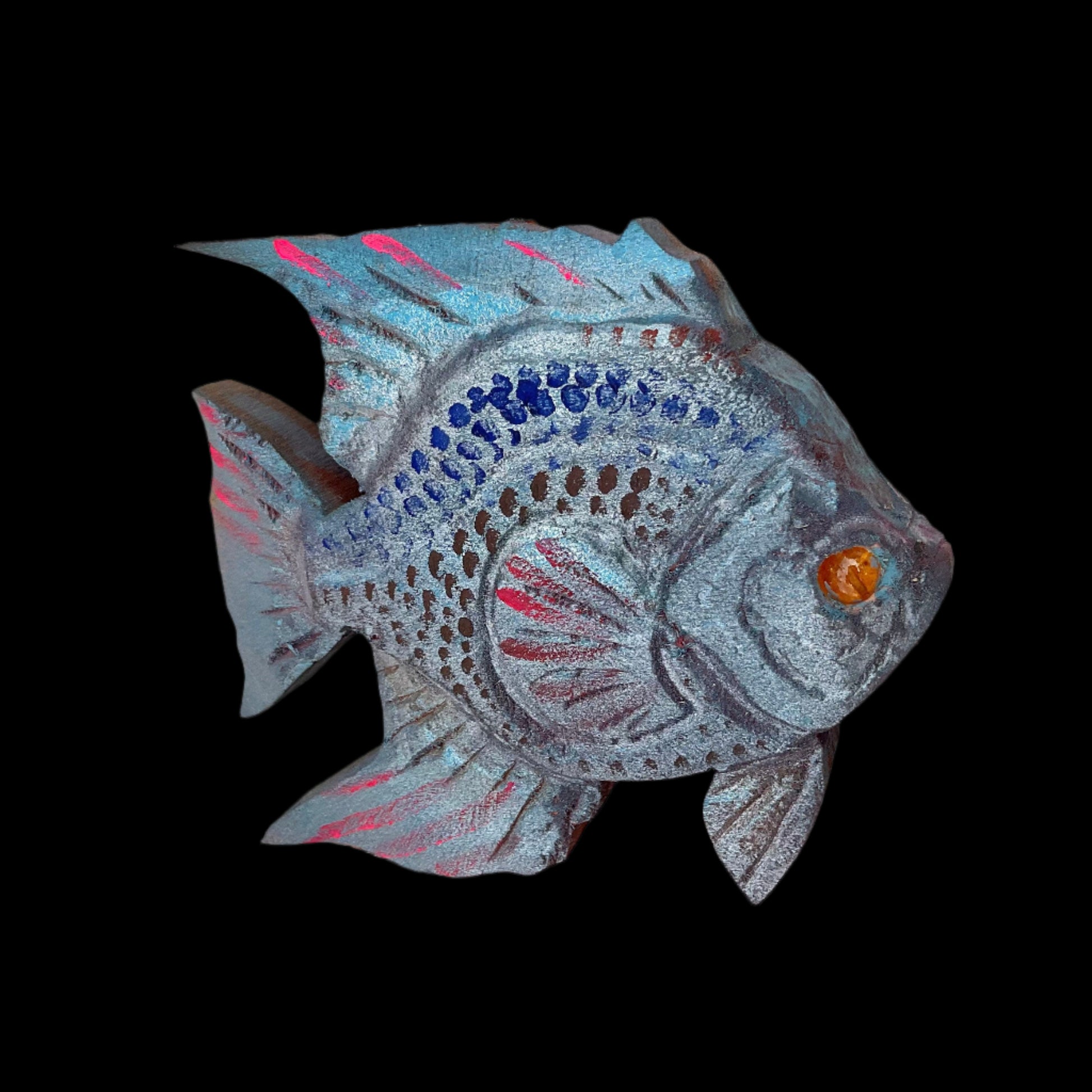 Hand Carved Wooden 3-Dimensional Fish Daniel Floyd Consignment Small Silver-Lavender : 6" x 5.5" x 2.5"