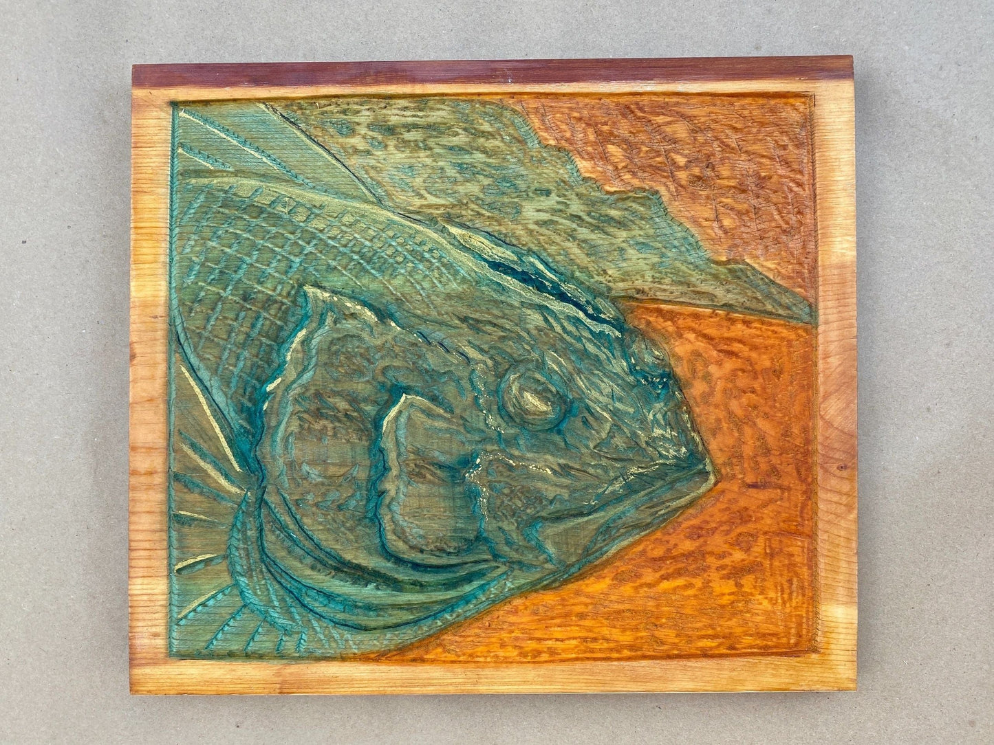 Hand Carved Wooden Fish Plaque Daniel Floyd Inventory #2 Green/Golden