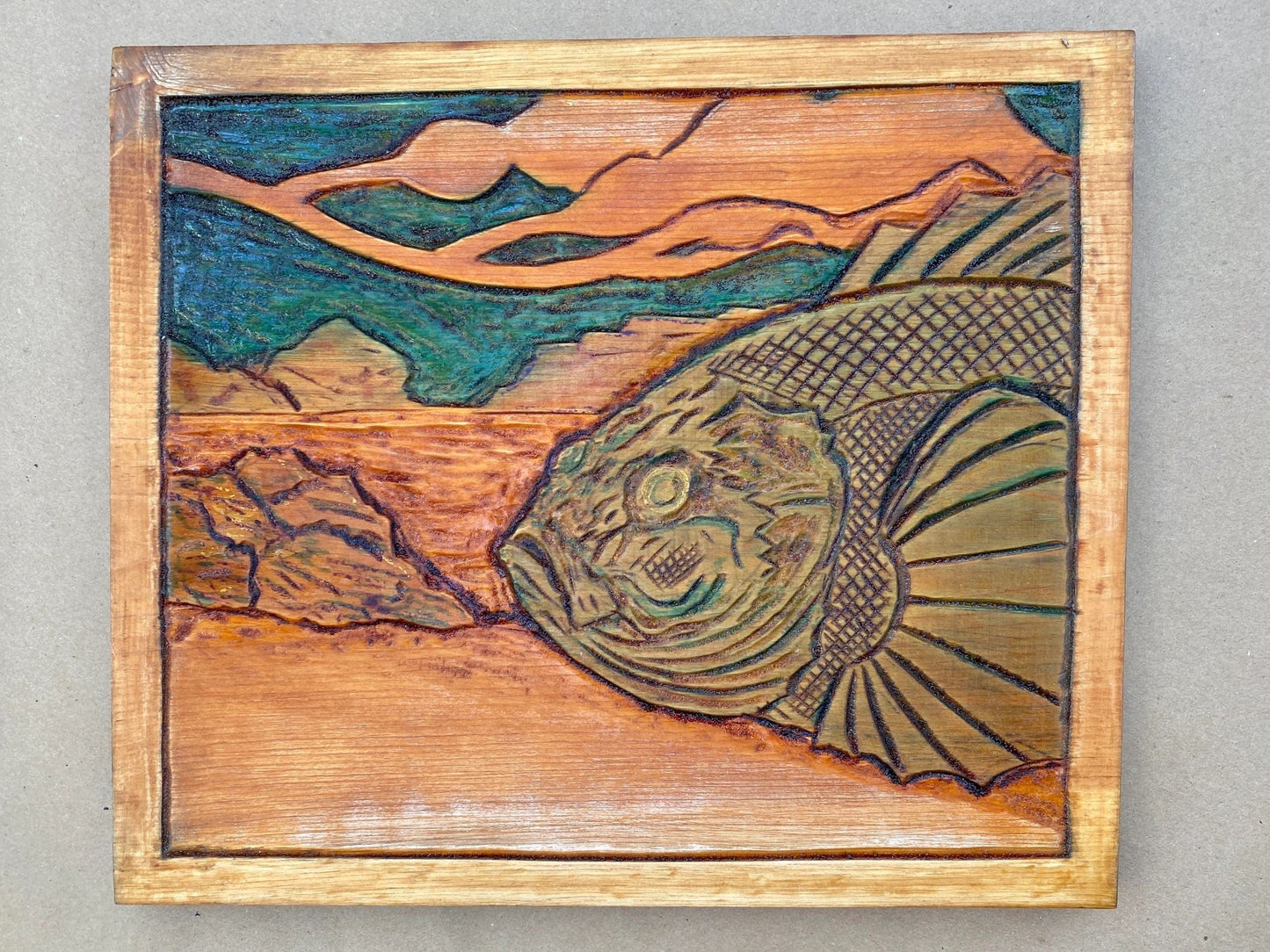 Hand Carved Wooden Fish Plaque Daniel Floyd Inventory #3 Teal/Golden