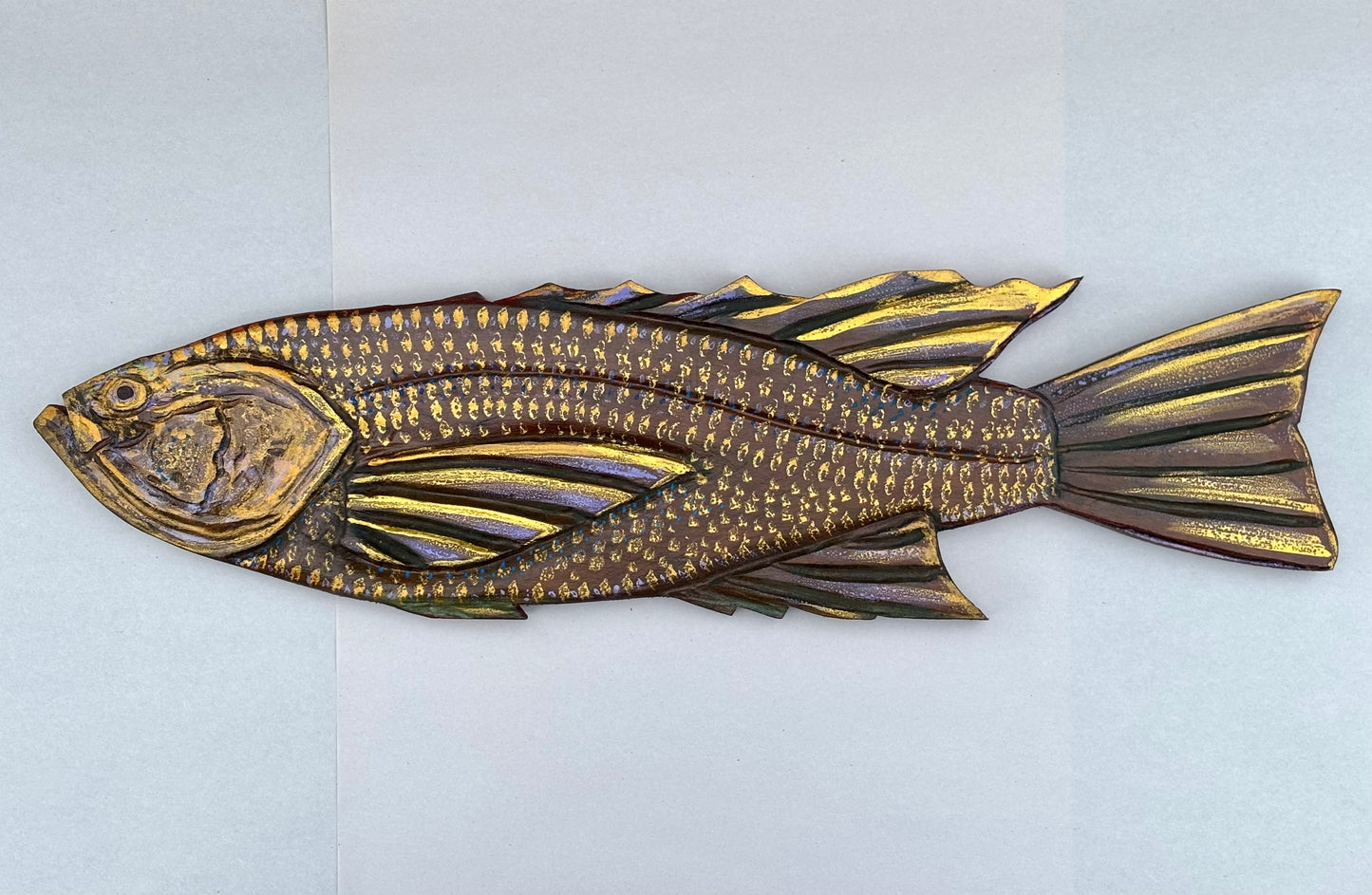 Hand Carved Wooden Golden Brown Fish by Daniel Daniel Floyd Consignment