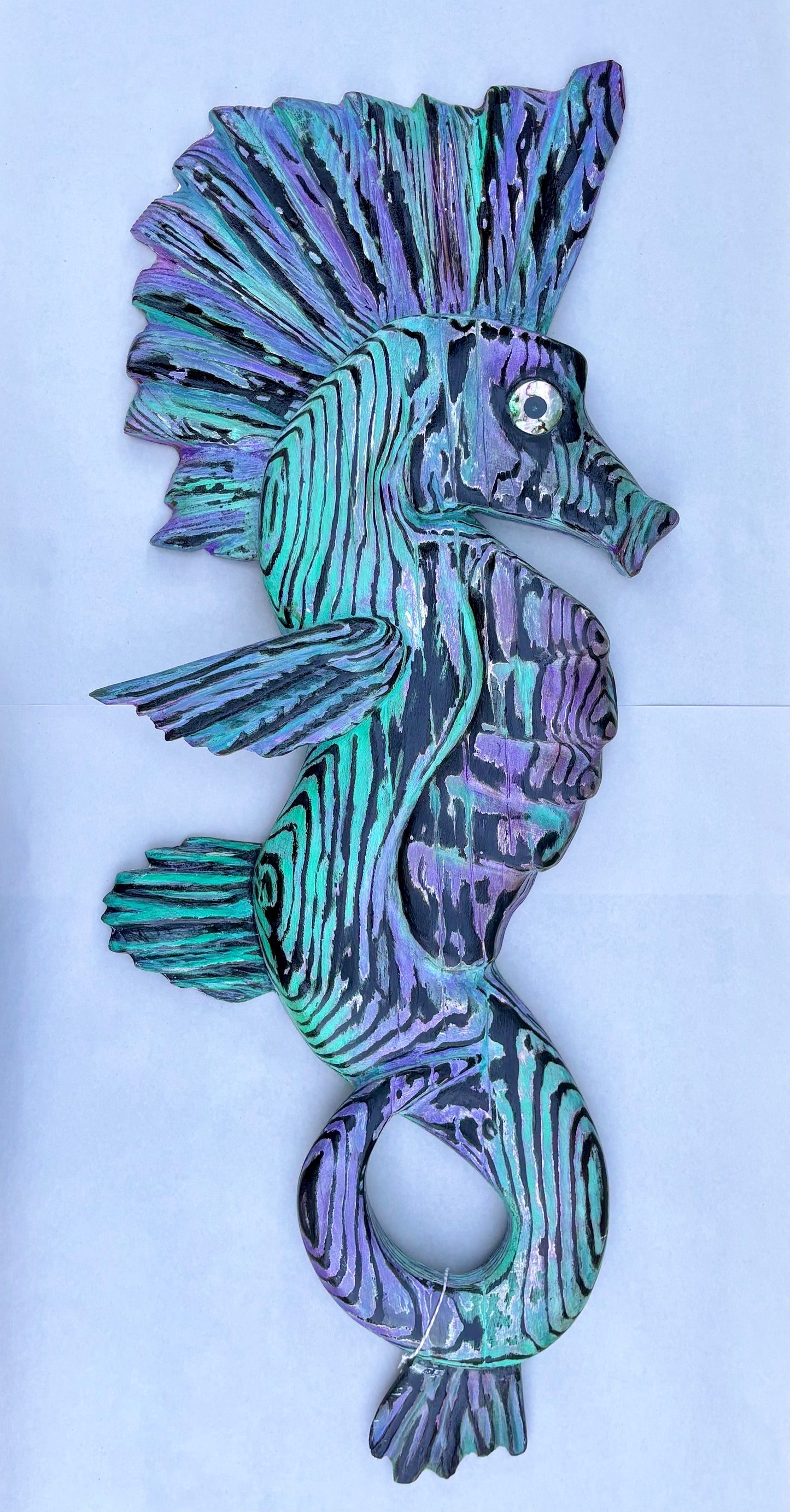 HAND CARVED WOODEN SEAHORSE - TURQUOISE/PURPLE JP Bravo Consignment