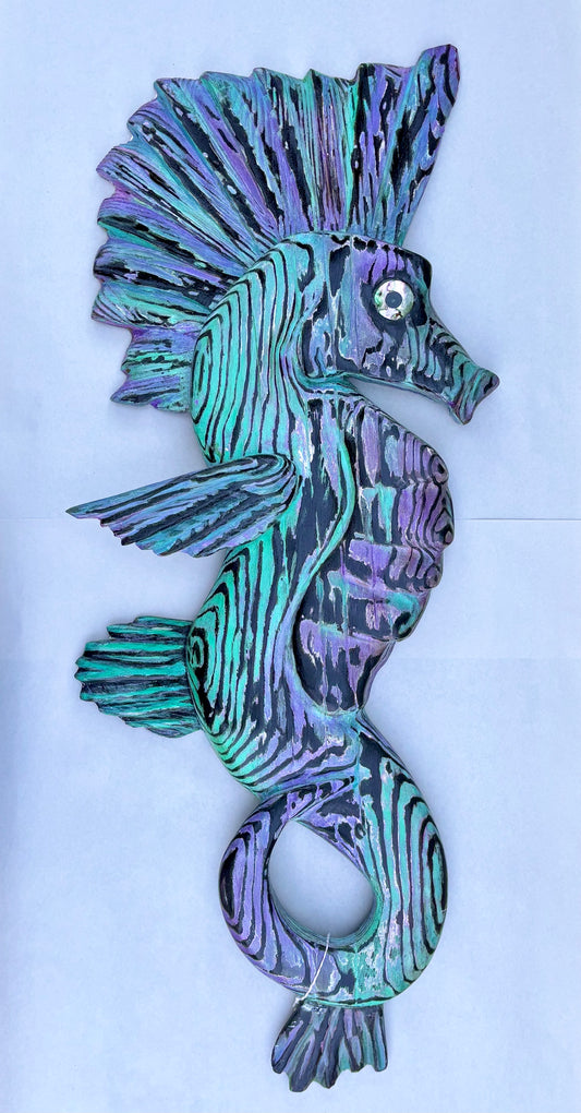 HAND CARVED WOODEN SEAHORSE - TURQUOISE/PURPLE JP Bravo Consignment