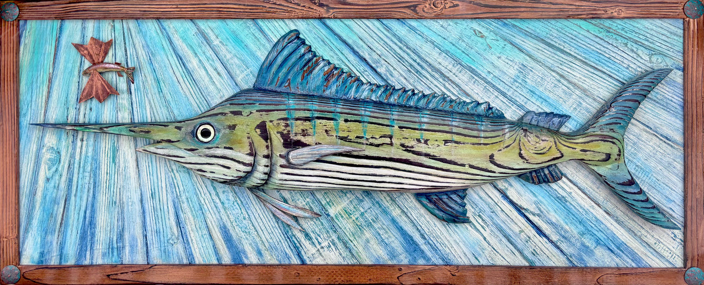 Hand Carved Wooden Striped Marlin with Flying Fish -Framed JP Bravo Consignment