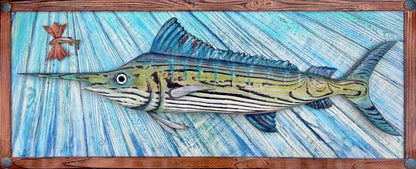 Hand Carved Wooden Striped Marlin with Flying Fish -Framed JP Bravo Consignment