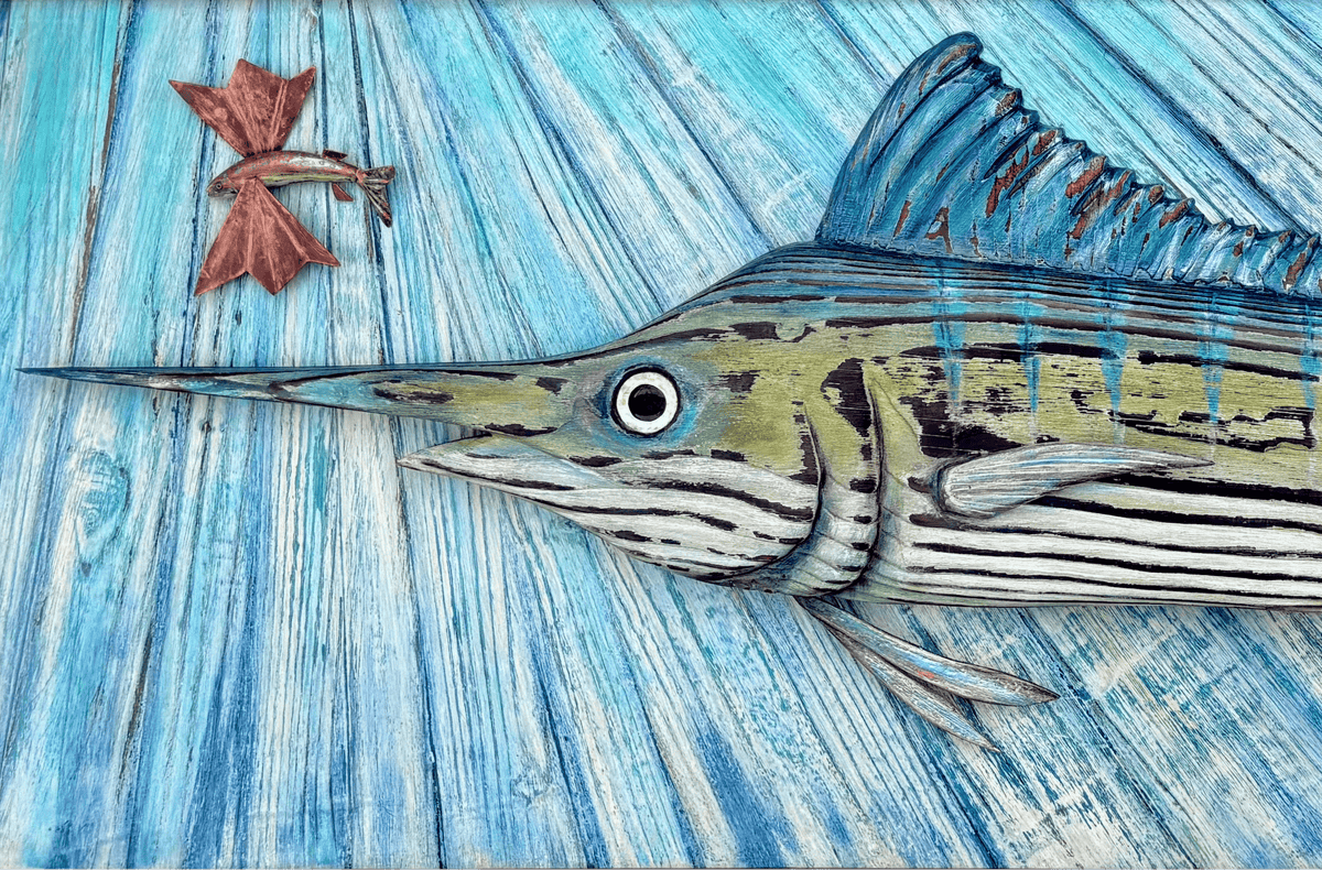 Hand Carved Wooden Striped Marlin with Flying Fish -Framed JP Bravo Consignment