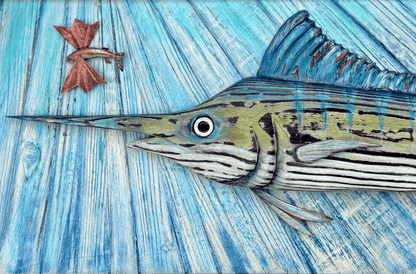 Hand Carved Wooden Striped Marlin with Flying Fish -Framed JP Bravo Consignment