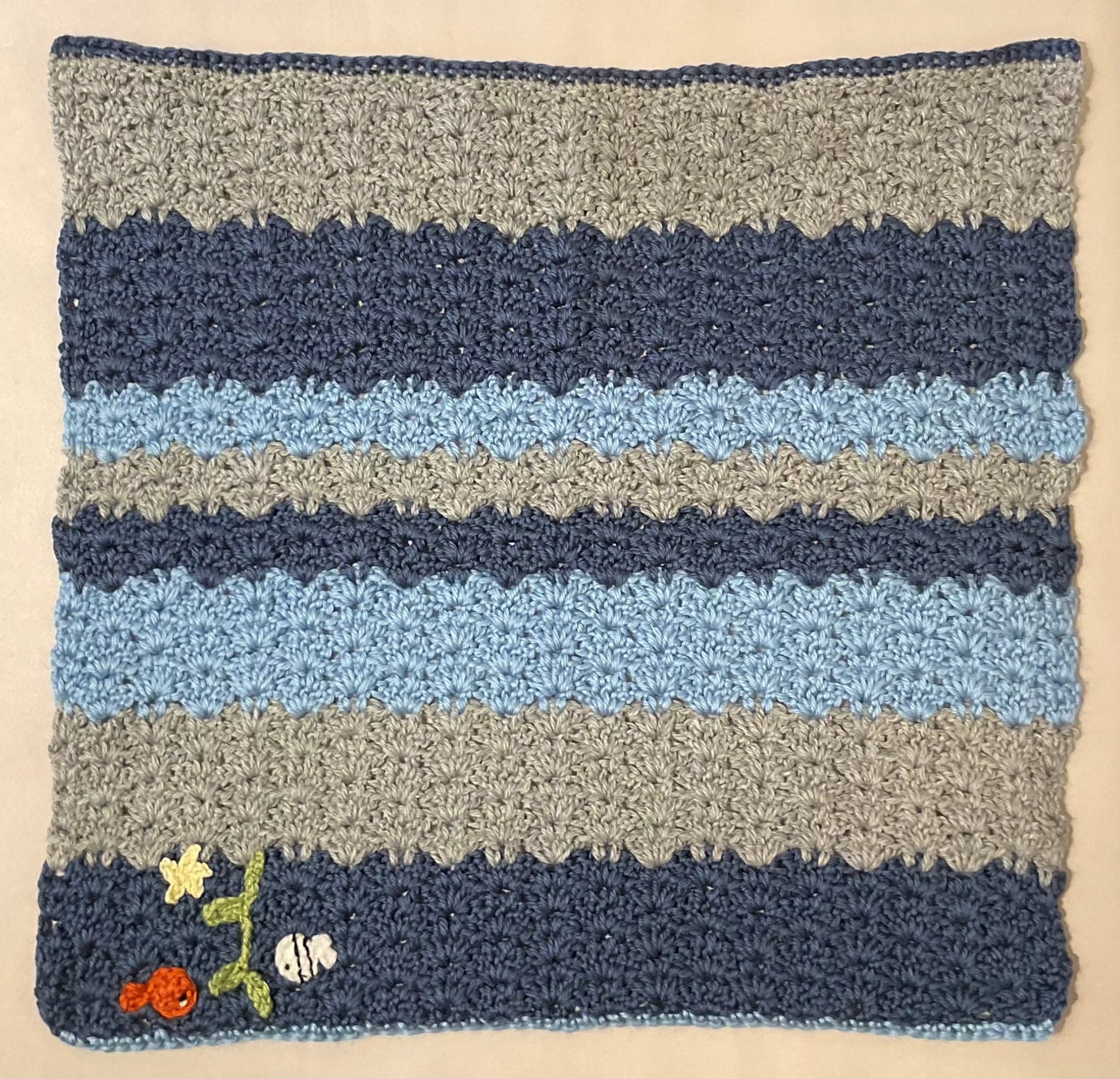 Hand Crocheted Blanket with Fish K Hawthorne Consignment Striped Aqua and Blue
