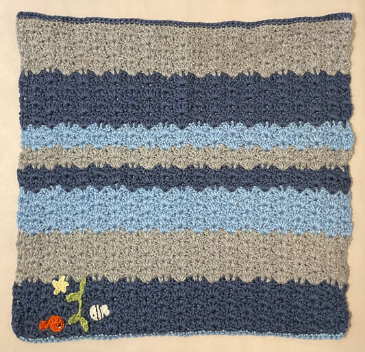 Hand Crocheted Blanket with Fish K Hawthorne Consignment Striped Aqua and Blue