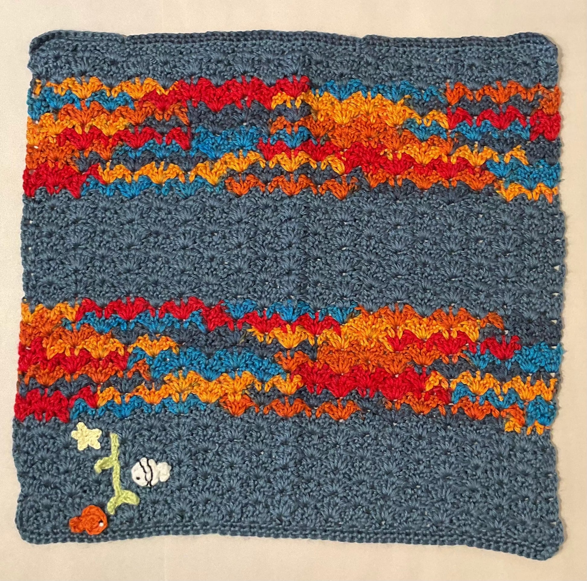 Hand Crocheted Blanket with Fish K Hawthorne Consignment Striped Blue/Warm Tone