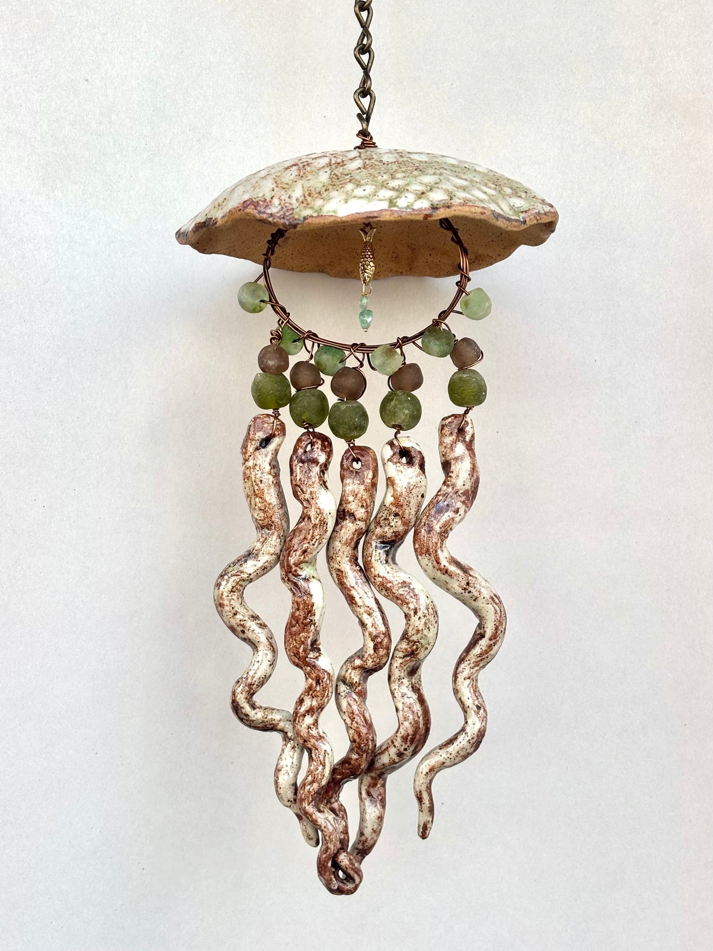 Hand Sculpted Ceramic Jellyfish Heidi Duran Consignment Large : Burnt Umber/Oat Green Tones Beads (7" x 14")
