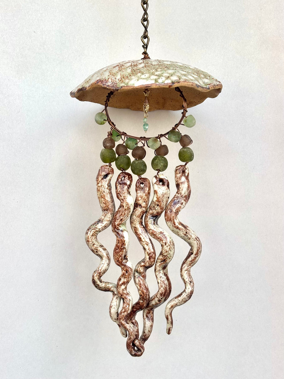 Hand Sculpted Ceramic Jellyfish Heidi Duran Consignment Large : Burnt Umber/Oat Green Tones Beads (7" x 14")