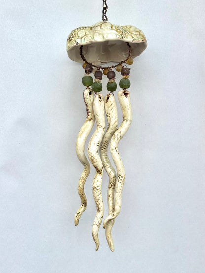 Hand Sculpted Ceramic Jellyfish Heidi Duran Consignment Large: Oat/Green/Brown w/green beads (5" x 15")