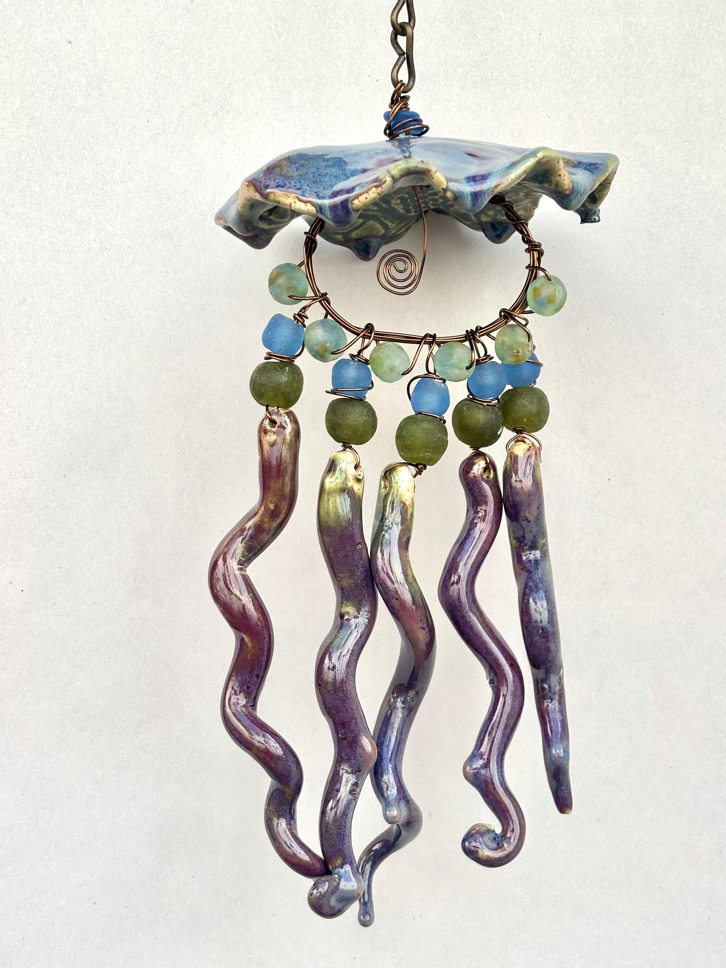Hand Sculpted Ceramic Jellyfish Heidi Duran Consignment Medium : Purple/Blue w/blue/green beads (5" x 11")