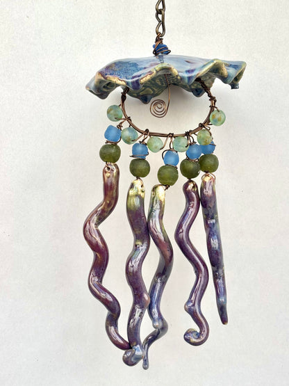 Hand Sculpted Ceramic Jellyfish Heidi Duran Consignment Medium : Purple/Blue w/blue/green beads (5" x 11")