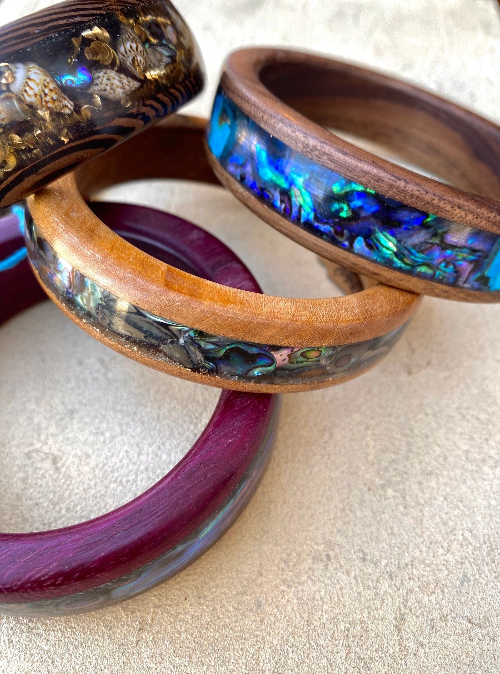 Hand Turned Wooden Bangles with Shells Laughing Moon Inventory