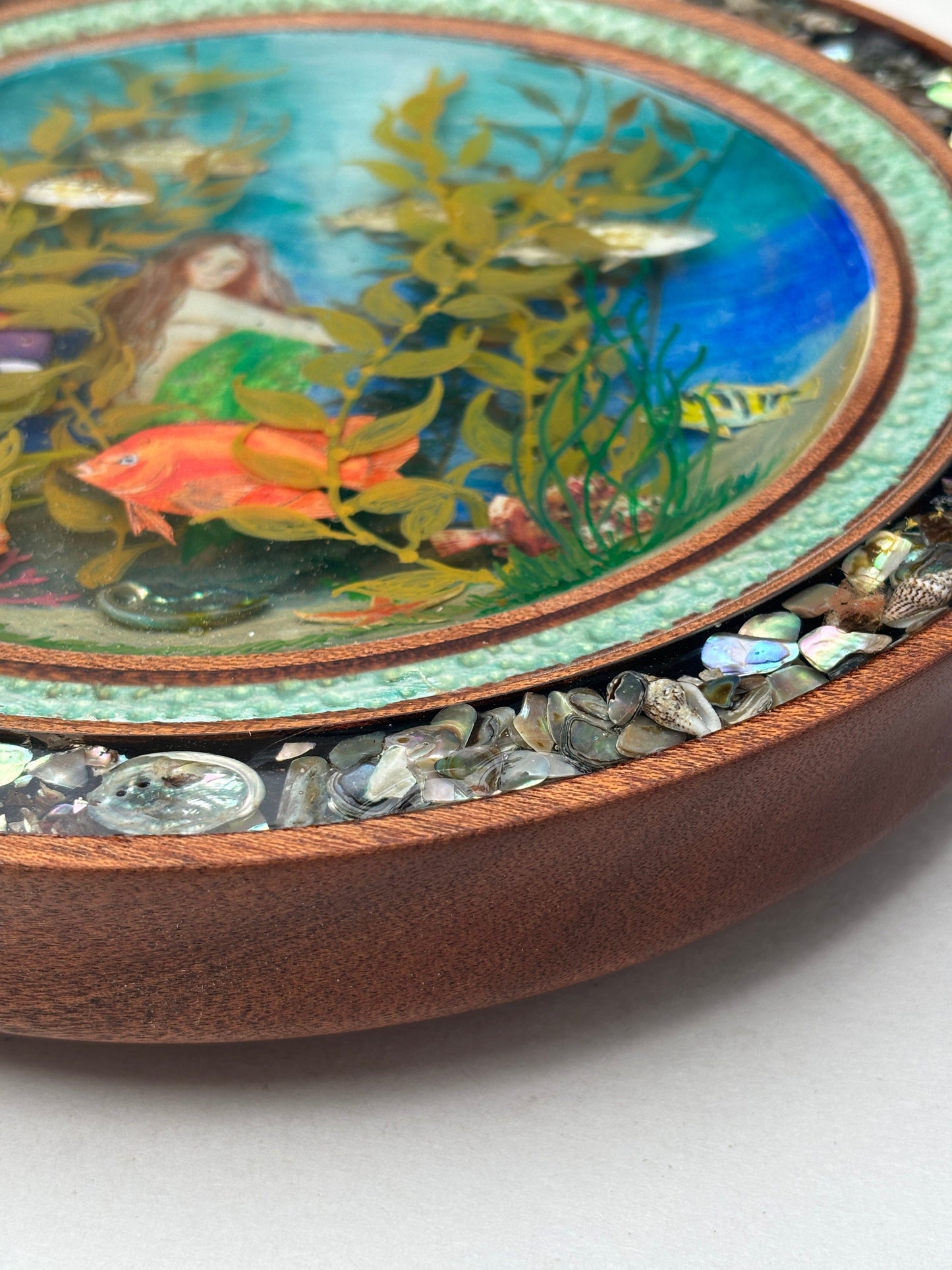 Hand Turned Wooden Diorama-Porthole Underwater Mermaid Scene Laughing Moon Consignment