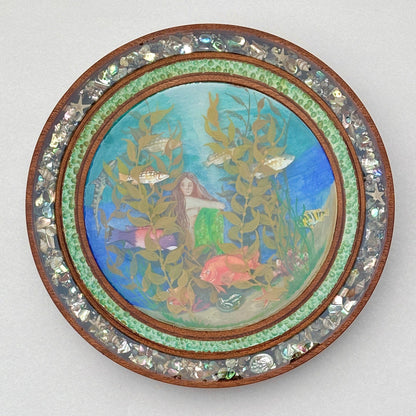 Hand Turned Wooden Diorama-Porthole Underwater Mermaid Scene Laughing Moon Consignment