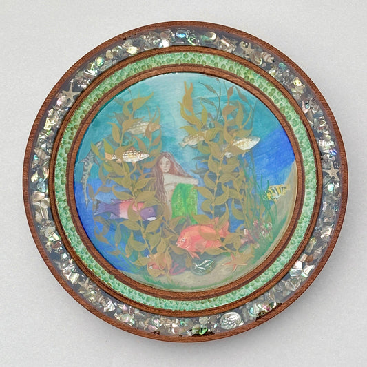 Hand Turned Wooden Diorama-Porthole Underwater Mermaid Scene Laughing Moon Consignment