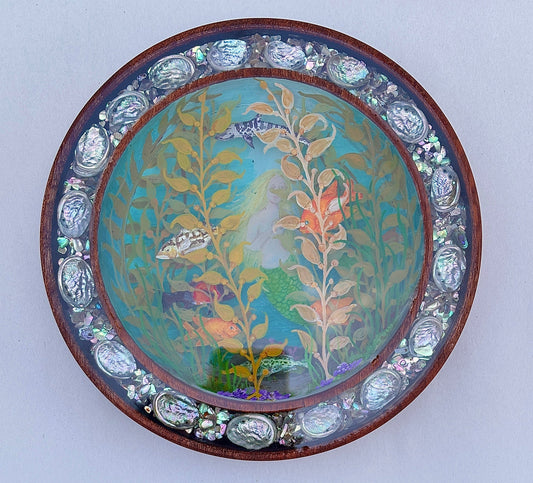 Hand Turned Wooden Dioramas-Porthole Underwater Scene Laughing Moon Consignment Garibaldi Sheephead Calico Fish and Mermaid
